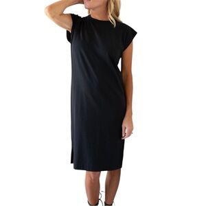 Sunspel Crewneck T-shirt Midi Dress Cotton Size L Black Cap-Sleeve Minimalist